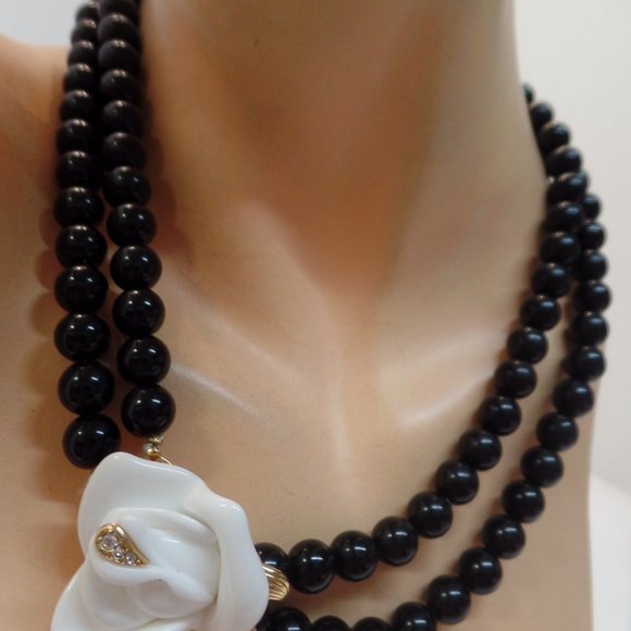 Kenneth J. Lane KJL for Avon Black Beaded Multi Strand Necklace Rose Bling 14" - Picture 14 of 16